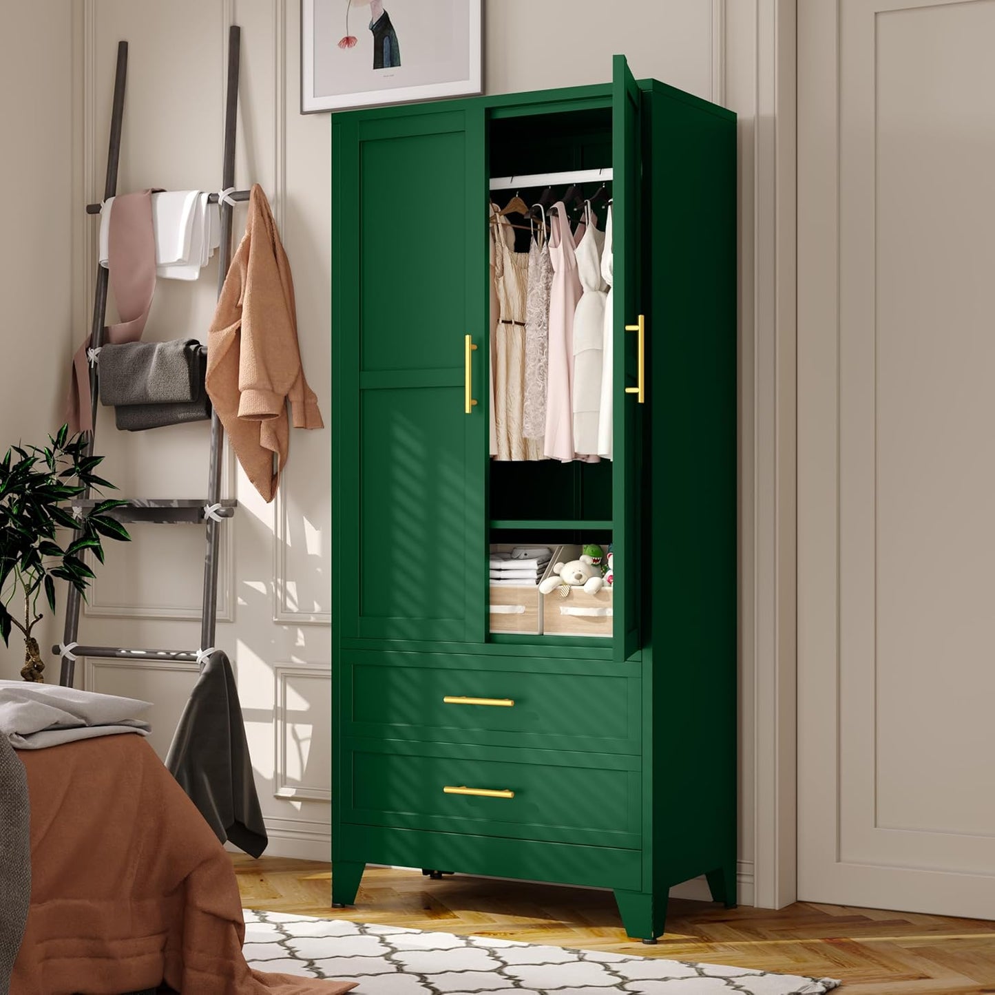 Metal Armoire Wardrobe Closet Storage Cabinet With Hanging Rod