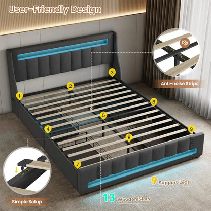 Queen Size Bed Frame with 4 Storage Drawers, RGB LED Light & Charging Station