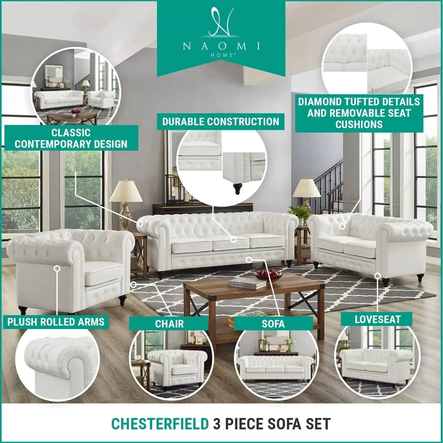 Modern Chesterfield Tufted Leather Sofa Set