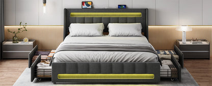 Queen Size Bed Frame with 4 Storage Drawers, RGB LED Light & Charging Station