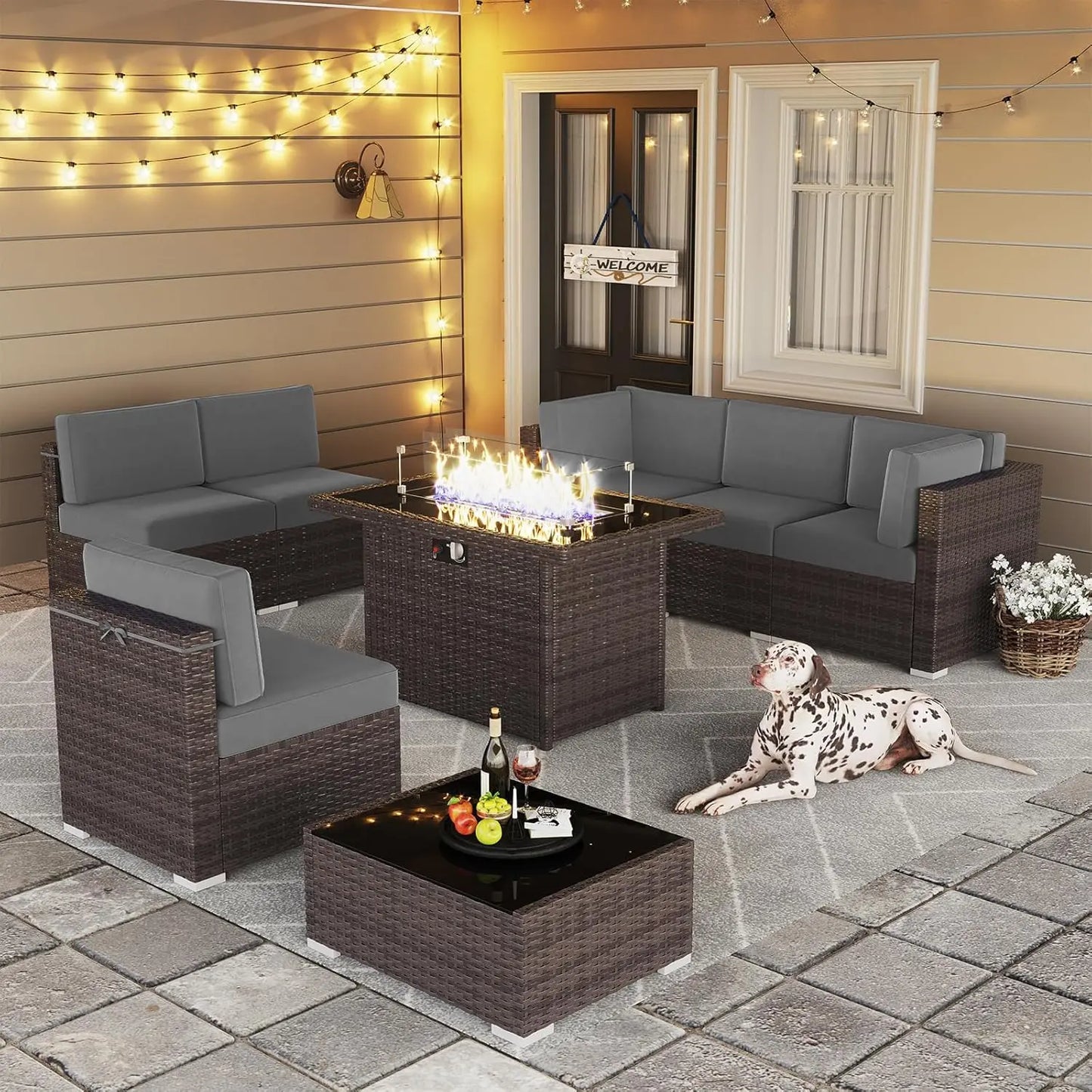 13 Pieces Outdoor Patio Furniture Set with 44" Fire Pit Table