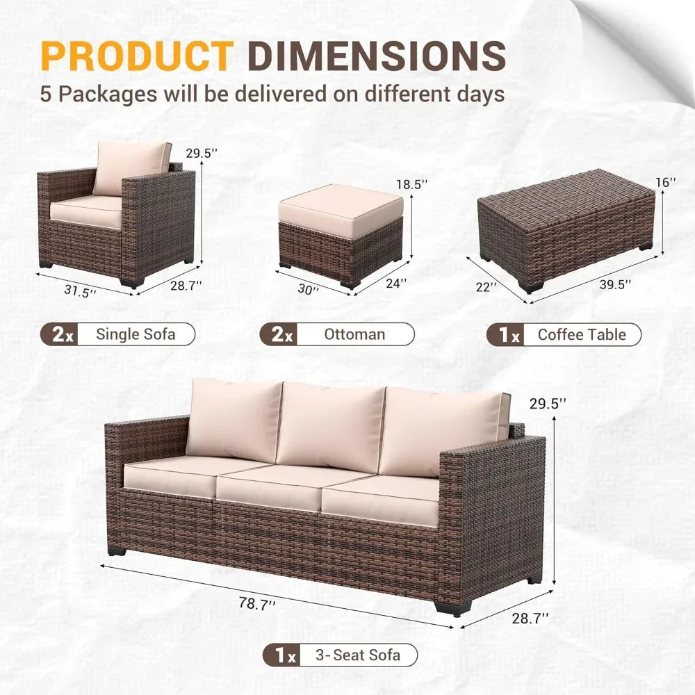 Wicker Rattan Sofa & Outdoor Sectional Set with Ottomans