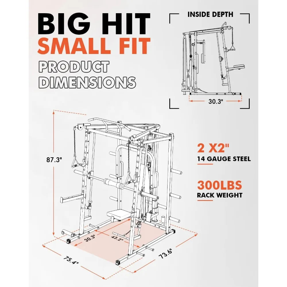 Dual Pulley Functional Trainer, Squat Rack with Cable Crossover System, Home Gym Trainer, Pull-Up Bar, Spotter Arms