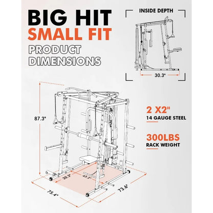 Dual Pulley Functional Trainer, Squat Rack with Cable Crossover System, Home Gym Trainer, Pull-Up Bar, Spotter Arms