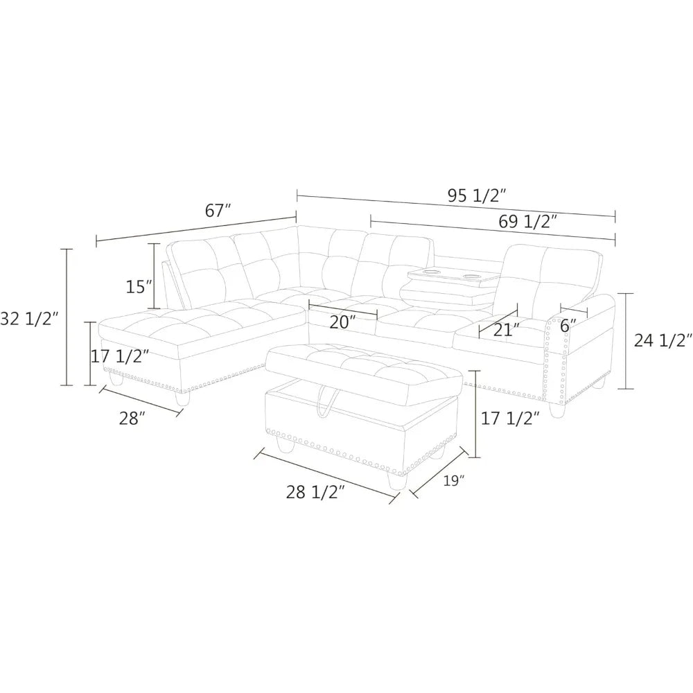 3-Piece Sectional Couch with Chaise Lounge and Storage Ottoman