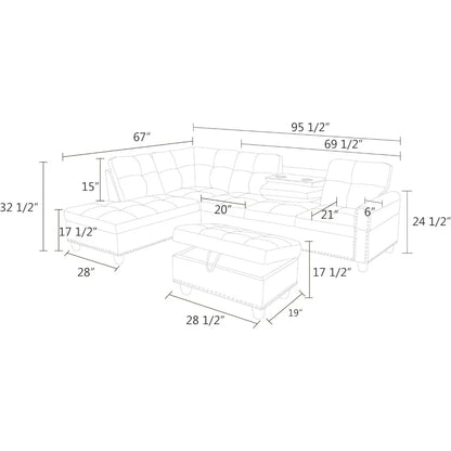 3-Piece Sectional Couch with Chaise Lounge and Storage Ottoman