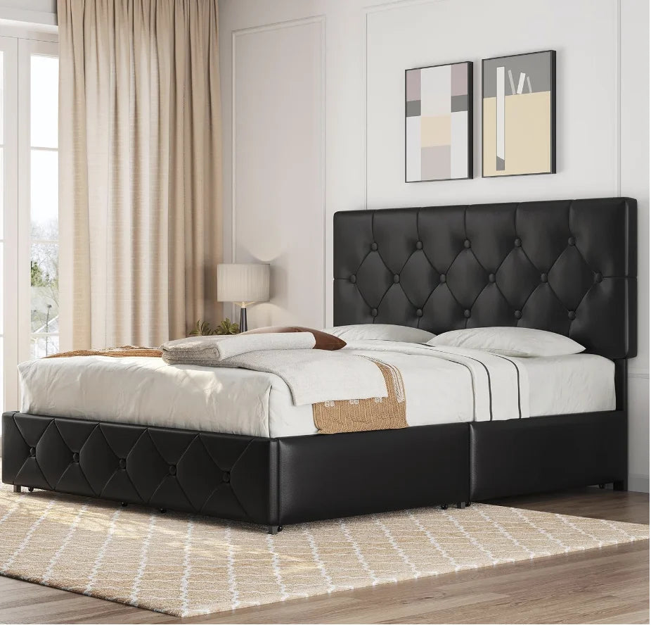 Queen Size Upholstered Bed Frame with 4 Drawers and Adjustable Headboard