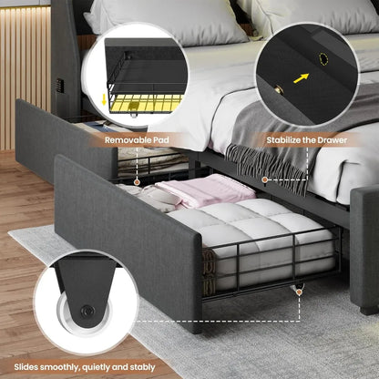 Queen Size Bed Frame with 4 Storage Drawers, RGB LED Light & Charging Station