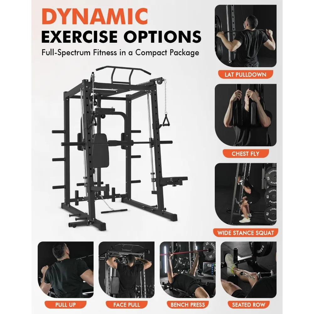 Dual Pulley Functional Trainer, Squat Rack with Cable Crossover System, Home Gym Trainer, Pull-Up Bar, Spotter Arms