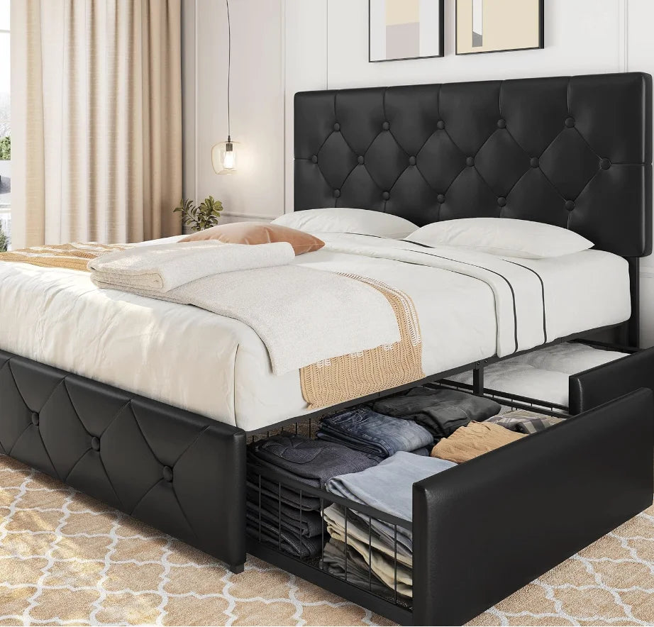 Queen Size Upholstered Bed Frame with 4 Drawers and Adjustable Headboard