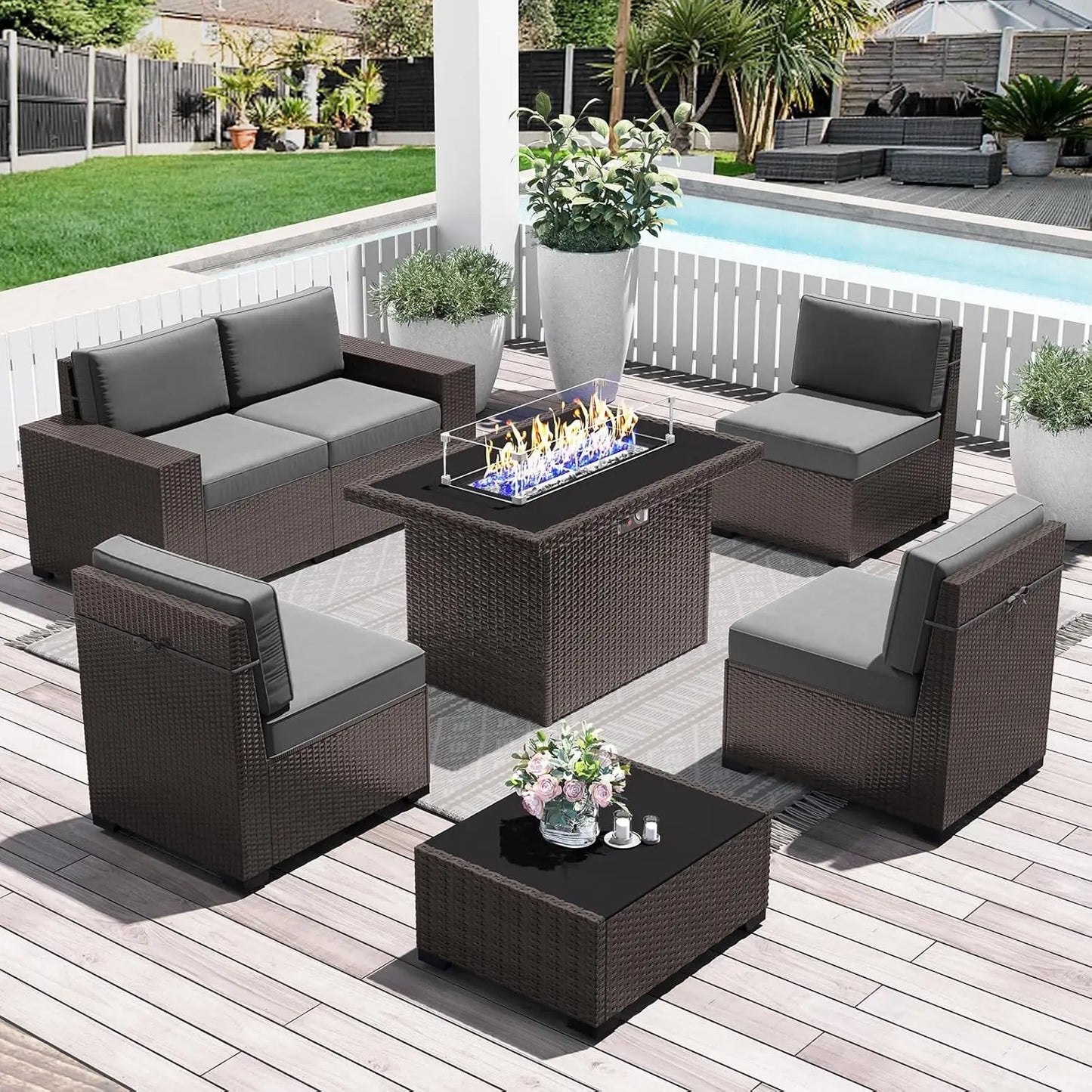 13 Pieces Outdoor Patio Furniture Set with 44" Fire Pit Table