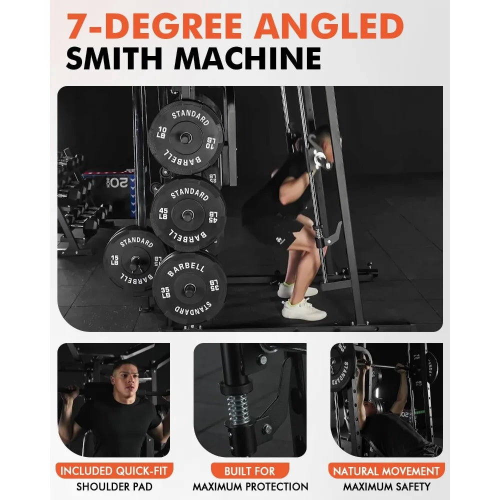 Dual Pulley Functional Trainer, Squat Rack with Cable Crossover System, Home Gym Trainer, Pull-Up Bar, Spotter Arms