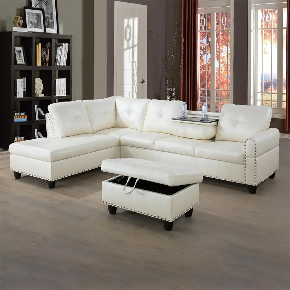 3-Piece Sectional Couch with Chaise Lounge and Storage Ottoman