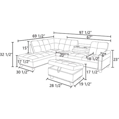 3-Piece Sectional Couch with Chaise Lounge and Storage Ottoman