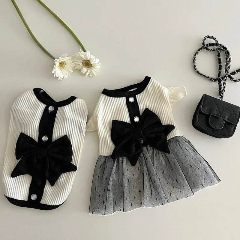 Luxury Dog Dress for Small Dogs -  Bow Lace Dog Skirt Black & White