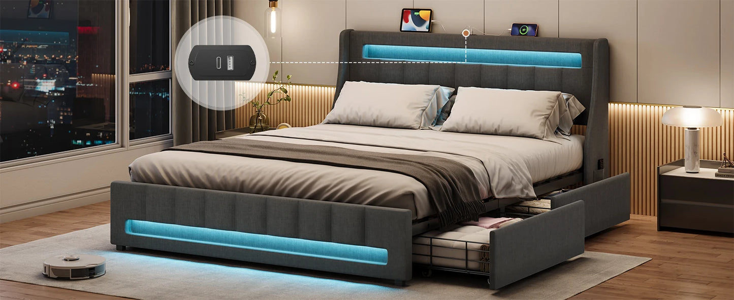 Queen Size Bed Frame with 4 Storage Drawers, RGB LED Light & Charging Station