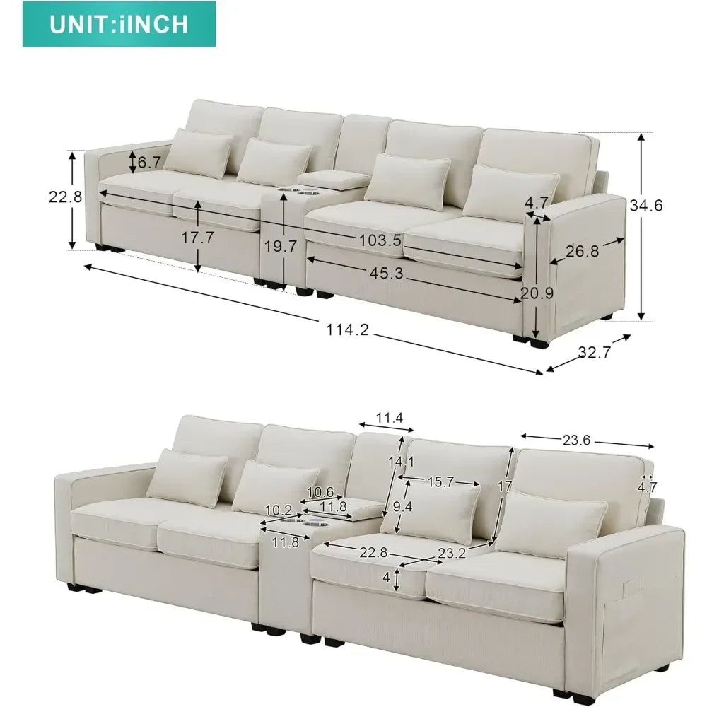 Sectional Sofa with Console, Holders and USB Ports & Wireless Chargers