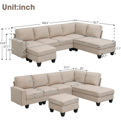 7 Seat Modern Convertible Sectional U-Shaped Sofa