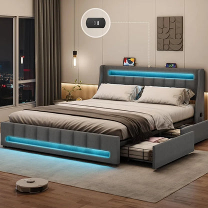 Queen Size Bed Frame with 4 Storage Drawers, RGB LED Light & Charging Station