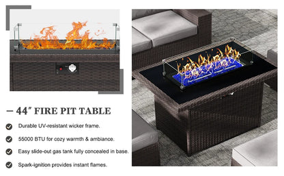 13 Pieces Outdoor Patio Furniture Set with 44" Fire Pit Table