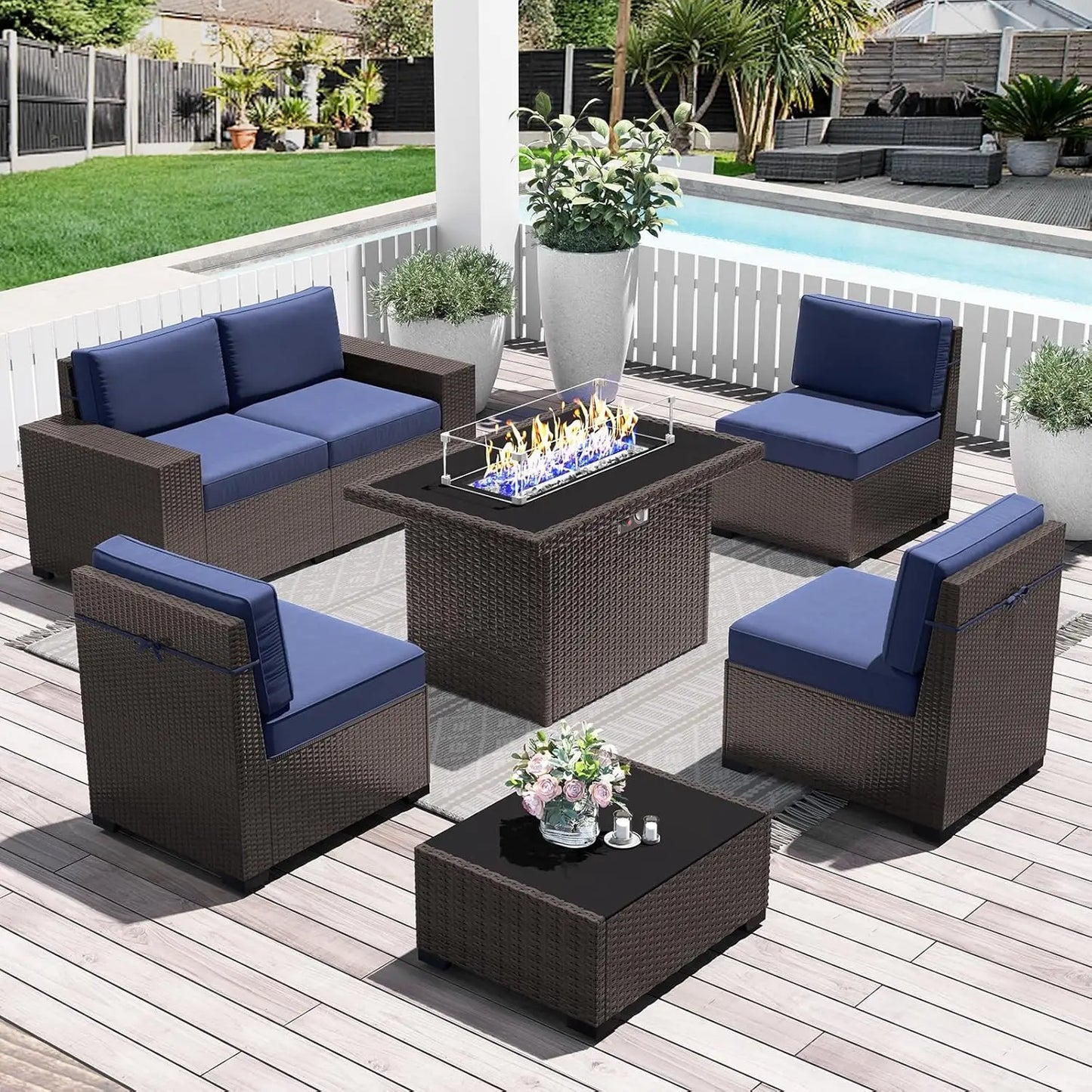 13 Pieces Outdoor Patio Furniture Set with 44" Fire Pit Table