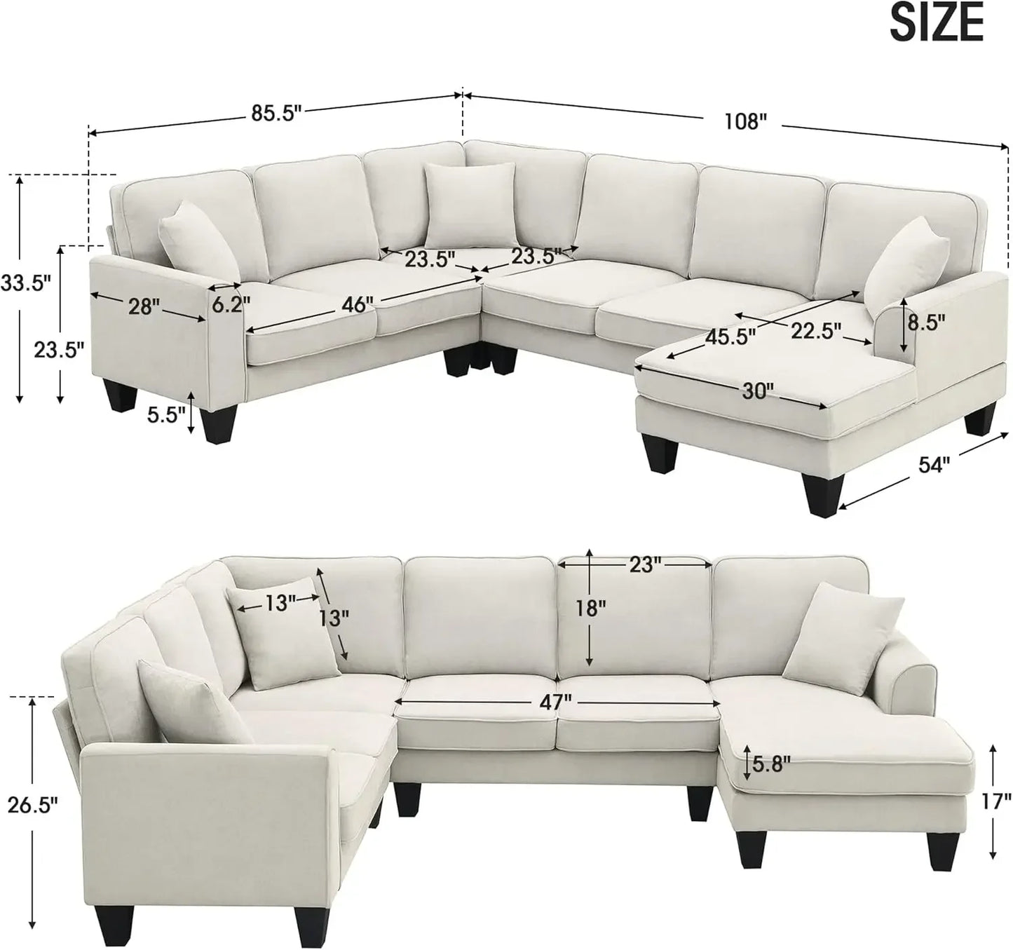 7 Seat Modern Convertible Sectional U-Shaped Sofa