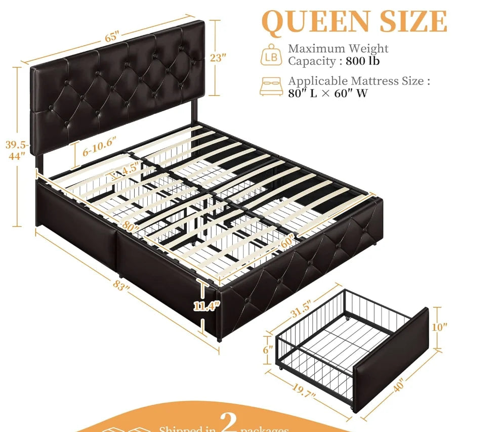 Queen Size Upholstered Bed Frame with 4 Drawers and Adjustable Headboard