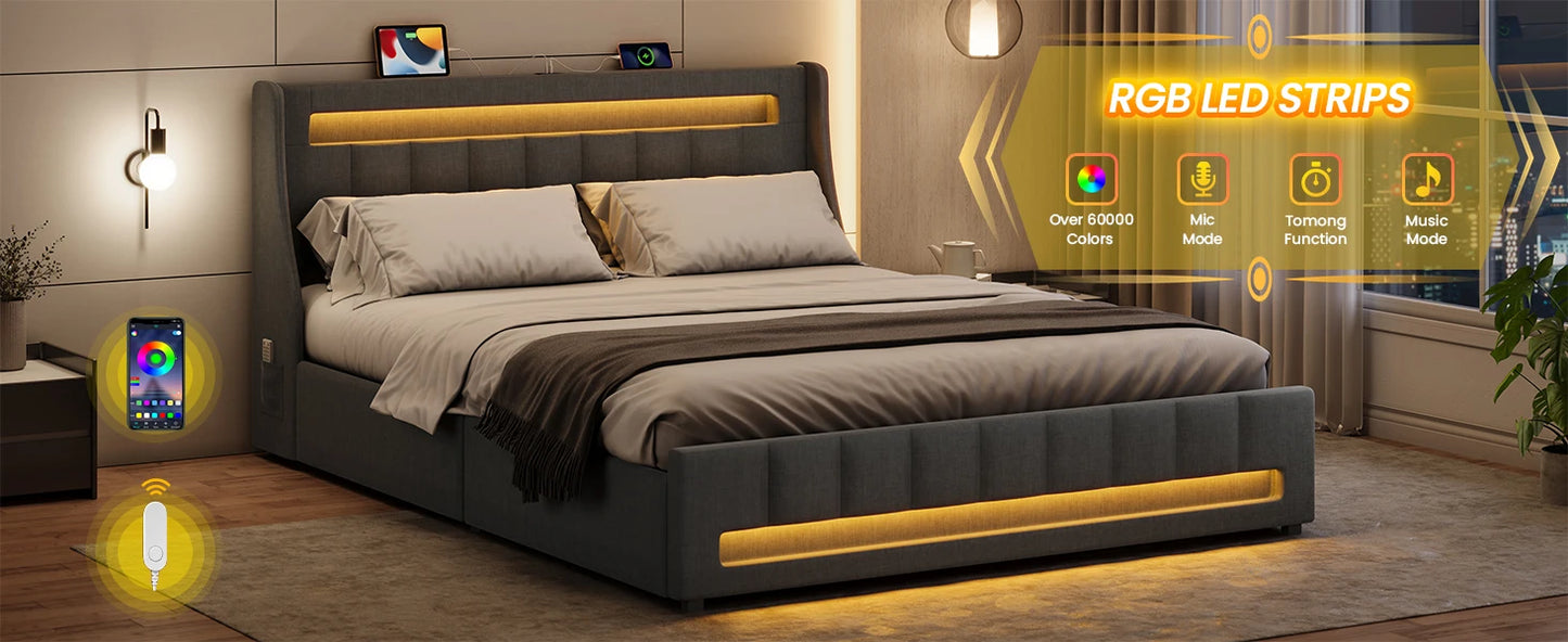 Queen Size Bed Frame with 4 Storage Drawers, RGB LED Light & Charging Station