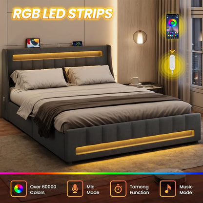 Queen Size Bed Frame with 4 Storage Drawers, RGB LED Light & Charging Station