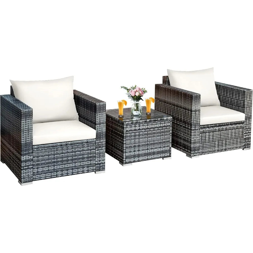 3 Pieces Patio Furniture Set W/Washable Cushion and Tempered Glass Tabletop