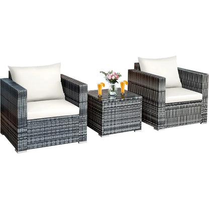 3 Pieces Patio Furniture Set W/Washable Cushion and Tempered Glass Tabletop