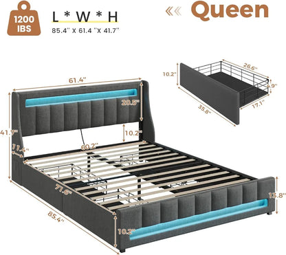 Queen Size Bed Frame with 4 Storage Drawers, RGB LED Light & Charging Station