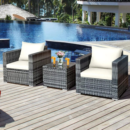 3 Pieces Patio Furniture Set W/Washable Cushion and Tempered Glass Tabletop