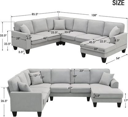 7 Seat Modern Convertible Sectional U-Shaped Sofa