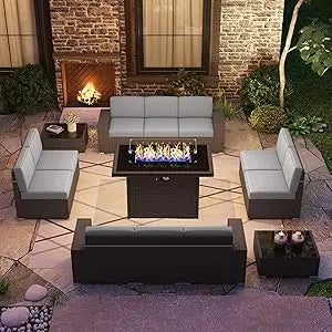 13 Pieces Outdoor Patio Furniture Set with 44" Fire Pit Table