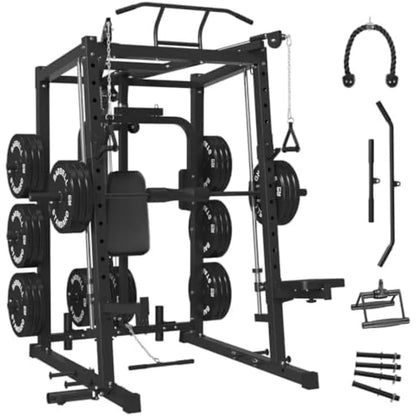 Dual Pulley Functional Trainer, Squat Rack with Cable Crossover System, Home Gym Trainer, Pull-Up Bar, Spotter Arms