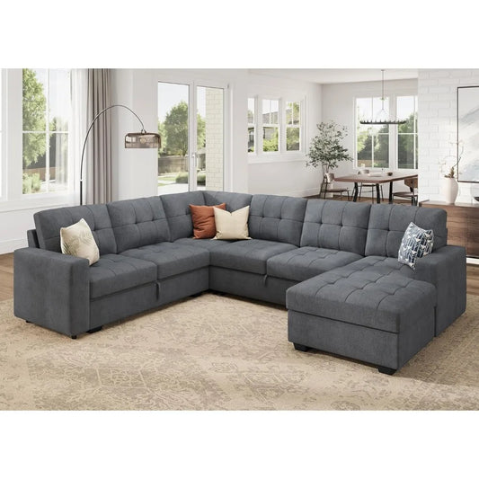 Sleeper Sofa Bed with Storage Chaise and Pull Out Bed